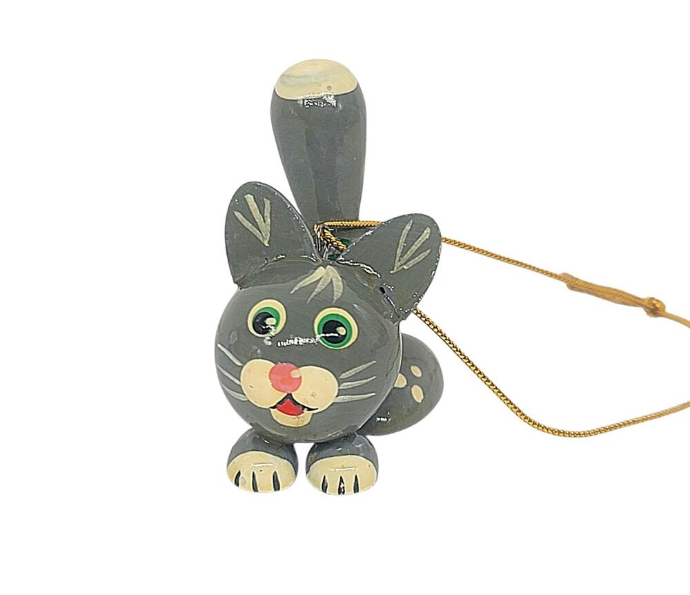 VTG Russian Handmade Painted Lacquered Wood Gray Kitten Figurine Ornament CL40